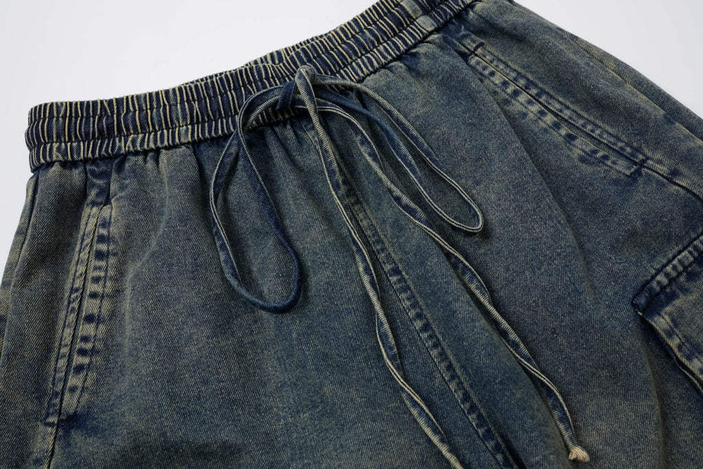 Washed Denim Cargo Baggy Pants – Elastic Waist Utility Wide Fit