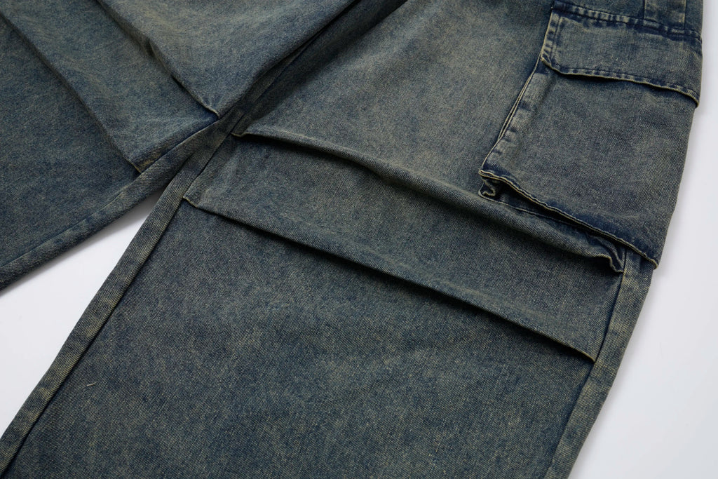 Washed Denim Cargo Baggy Pants – Elastic Waist Utility Wide Fit
