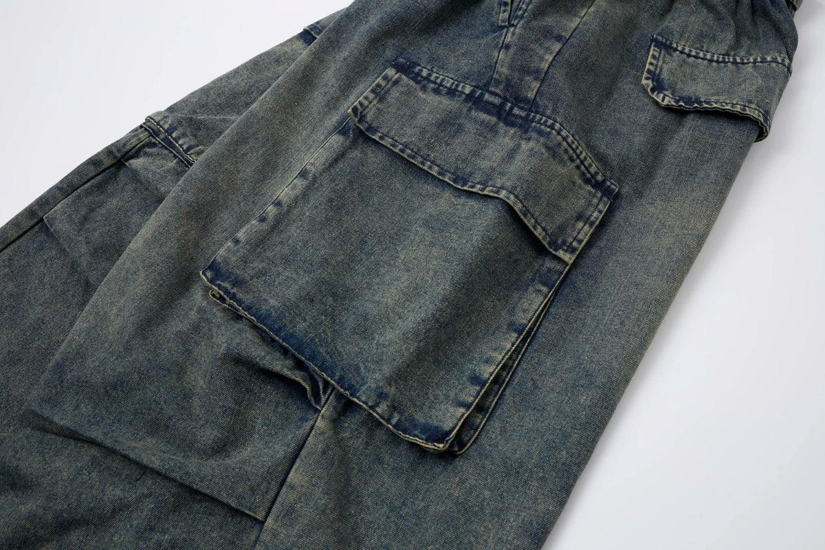 Washed Denim Cargo Baggy Pants – Elastic Waist Utility Wide Fit