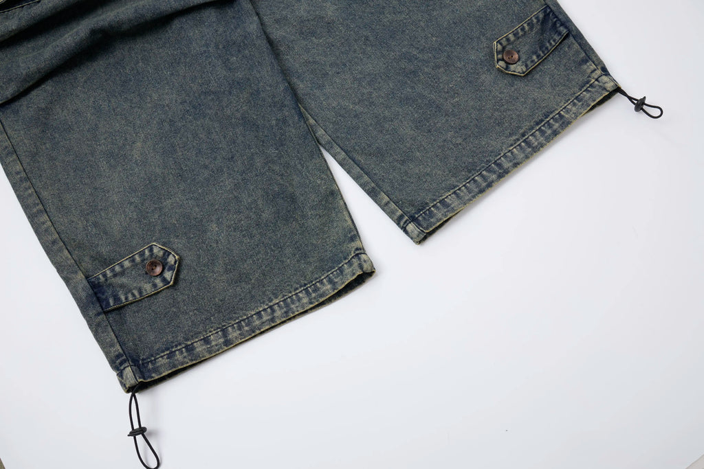 Washed Denim Cargo Baggy Pants – Elastic Waist Utility Wide Fit
