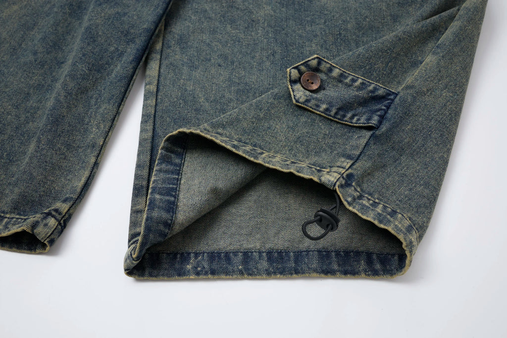 Washed Denim Cargo Baggy Pants – Elastic Waist Utility Wide Fit