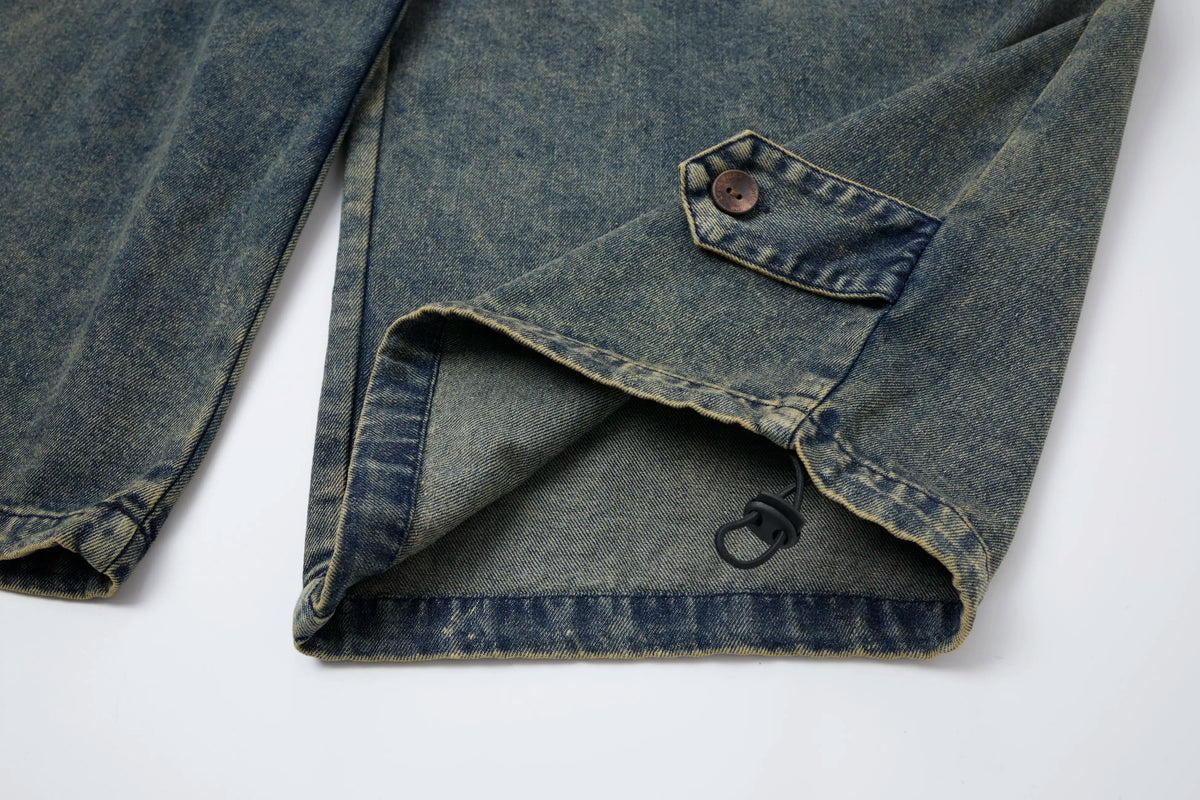 Washed Denim Cargo Baggy Pants – Elastic Waist Utility Wide Fit