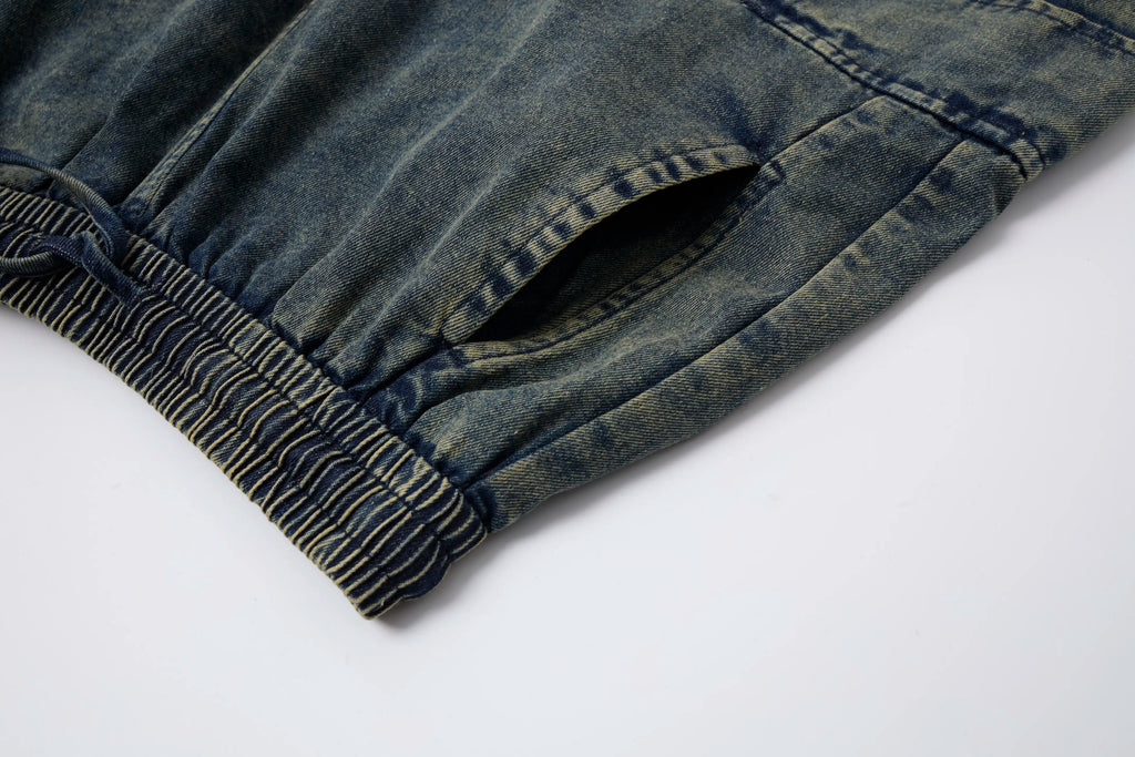 Washed Denim Cargo Baggy Pants – Elastic Waist Utility Wide Fit