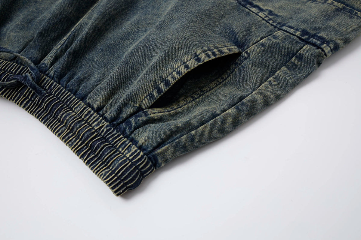 Washed Denim Cargo Baggy Pants – Elastic Waist Utility Wide Fit