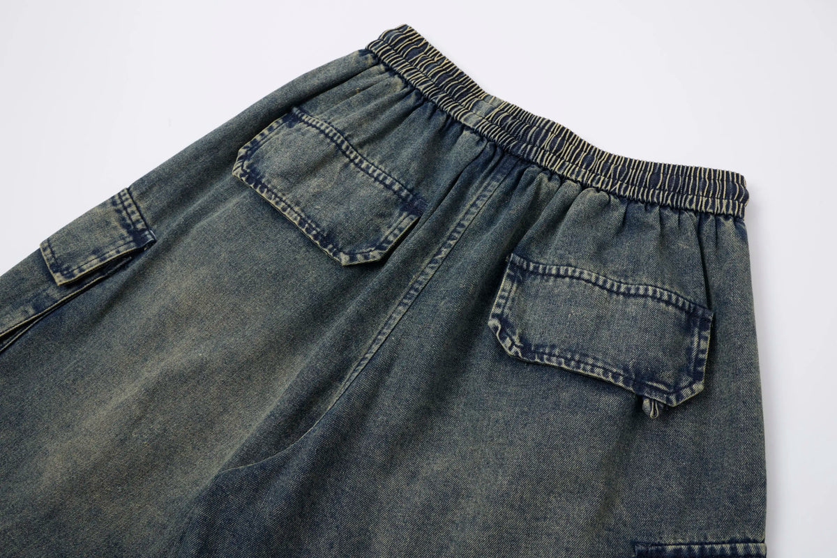 Washed Denim Cargo Baggy Pants – Elastic Waist Utility Wide Fit