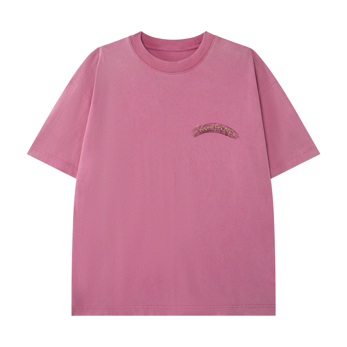 Women’s Dusty Rose Oversized T-Shirt with Small Embroidered Script, Crew Neck Drop Shoulder Short Sleeve Tee, Relaxed Casual Streetwear Top for Summer