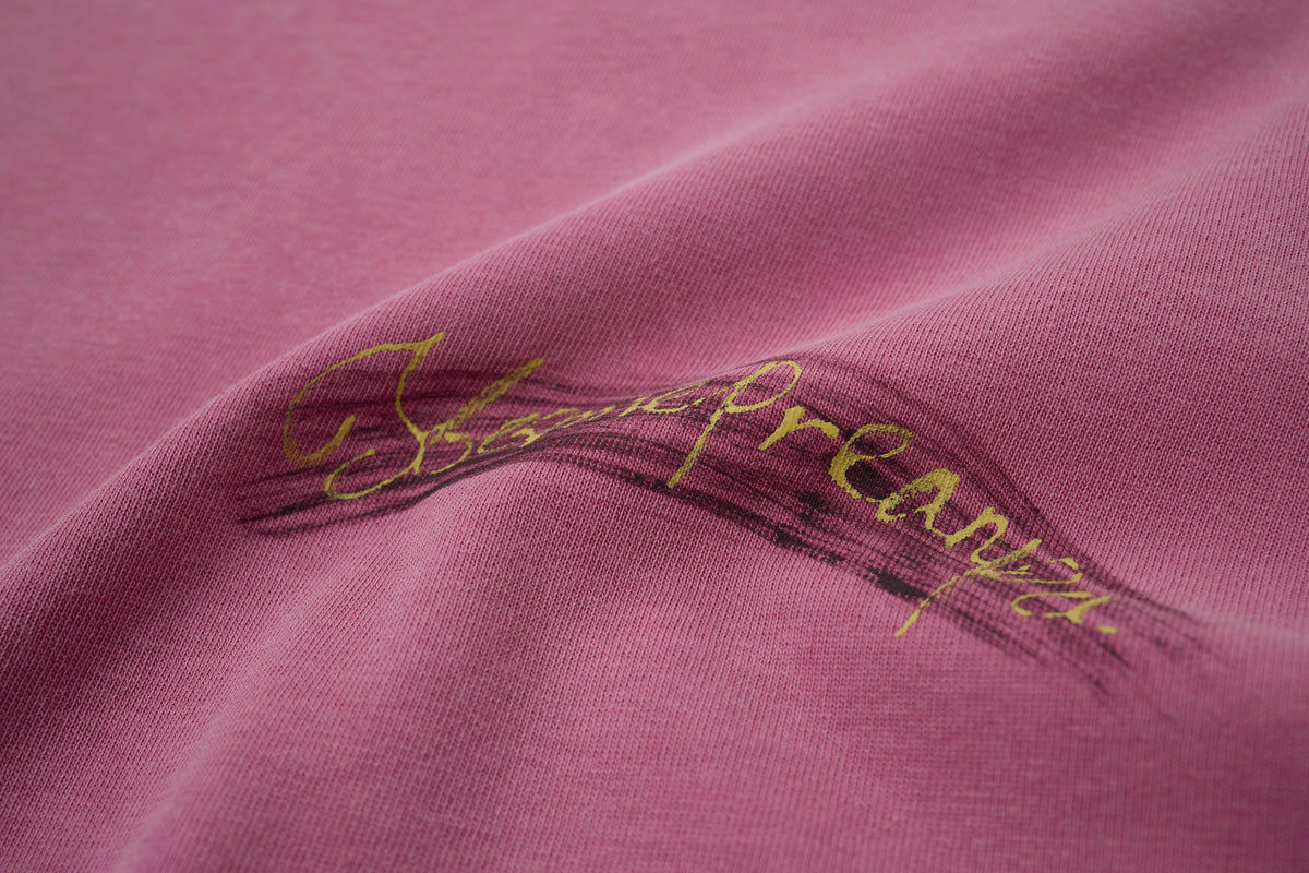 Women’s Dusty Rose Oversized T-Shirt with Small Embroidered Script, Crew Neck Drop Shoulder Short Sleeve Tee, Relaxed Casual Streetwear Top for Summer
