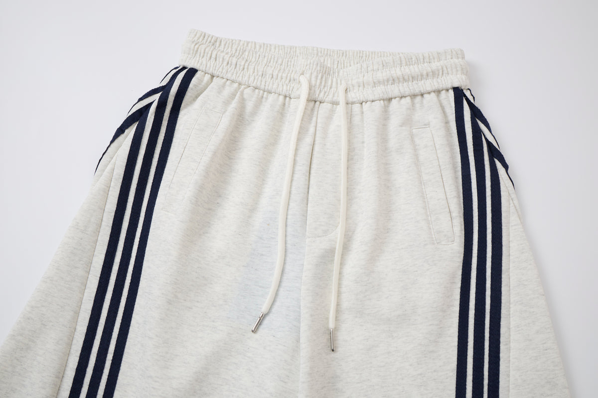 Women’s Gray & Black Triple-Stripe Baggy Wide-Leg Track Pants with Drawstring Waist and Pockets