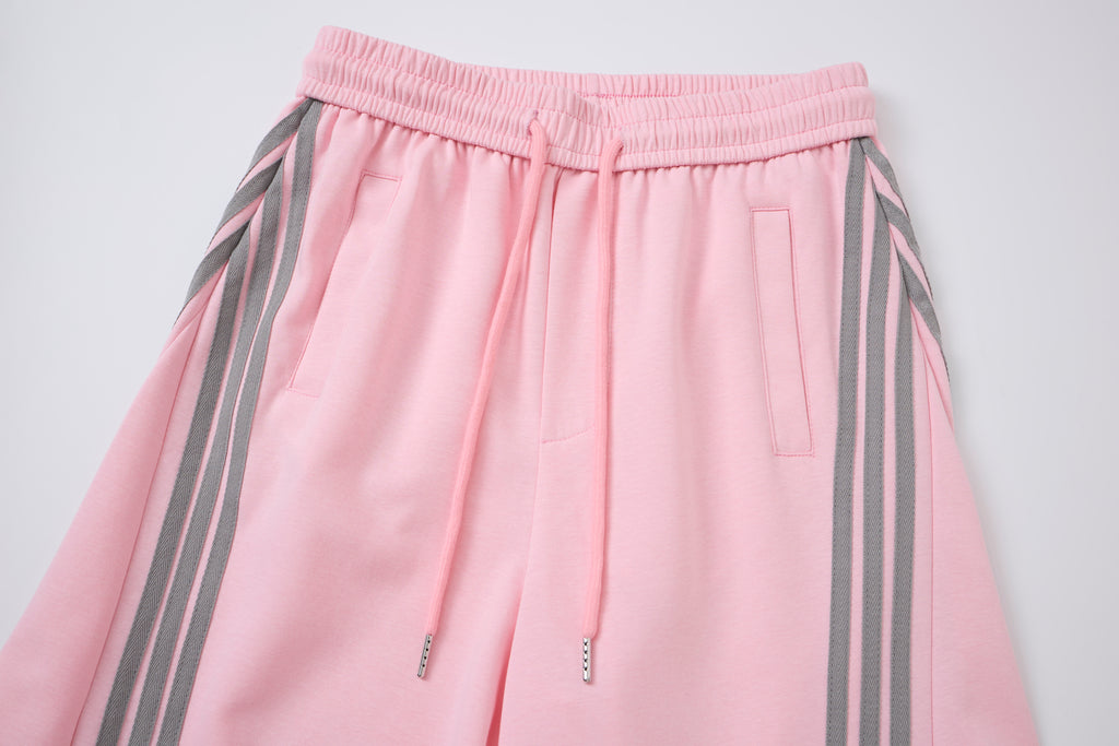 Women’s Retro Pink & Gray Striped Oversized Track Pants with Elastic Drawstring Waist