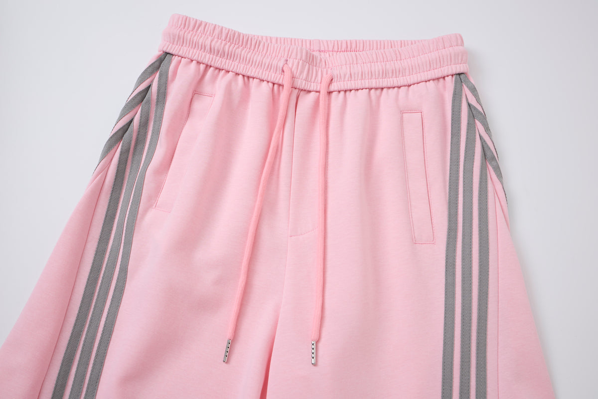 Women’s Retro Pink & Gray Striped Oversized Track Pants with Elastic Drawstring Waist