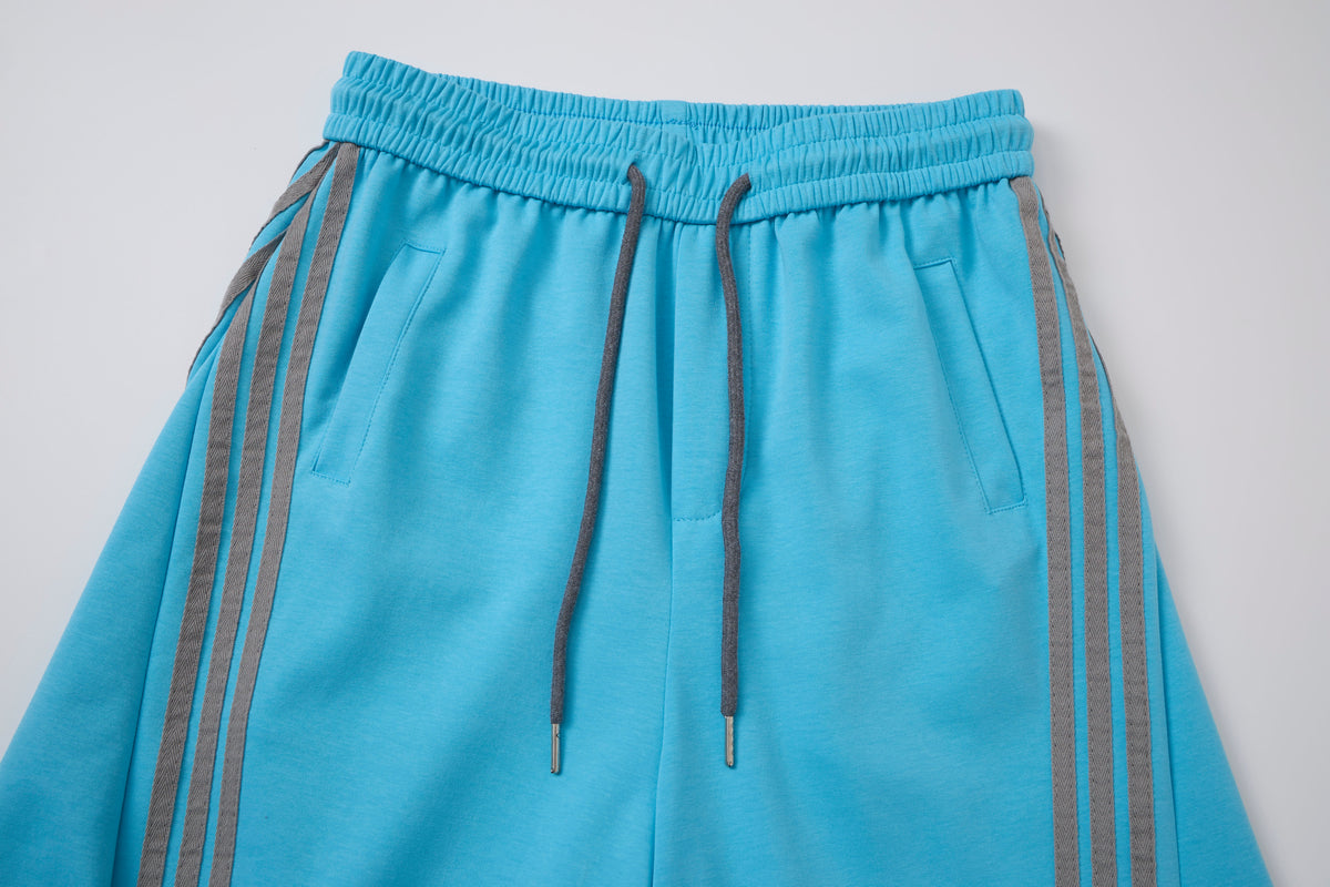 Women’s Blue & Gray Triple-Stripe Oversized Wide-Leg Track Pants with Drawstring Waist and Pockets