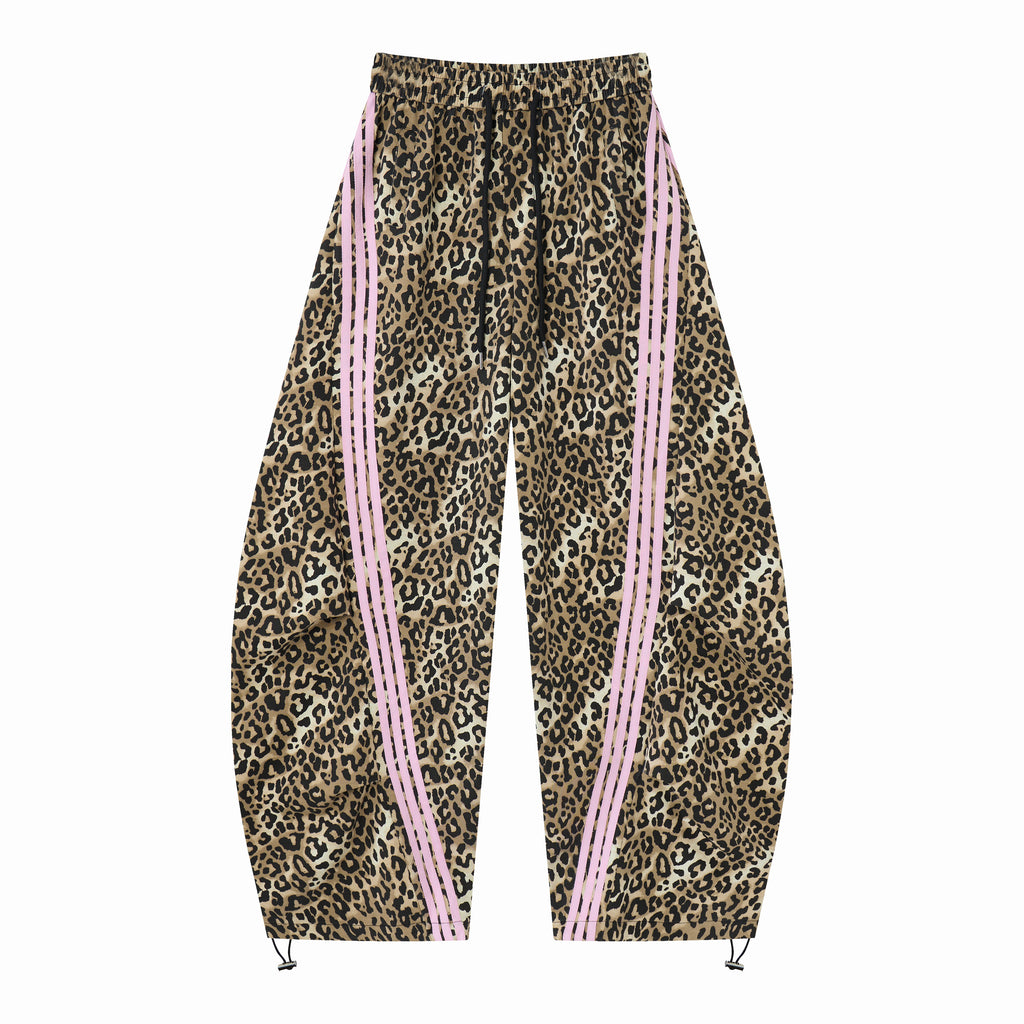 Untamed Club Women’s Leopard Print Track Pants – Baggy Barrel-Leg Streetwear Pants with Triple Side Stripes