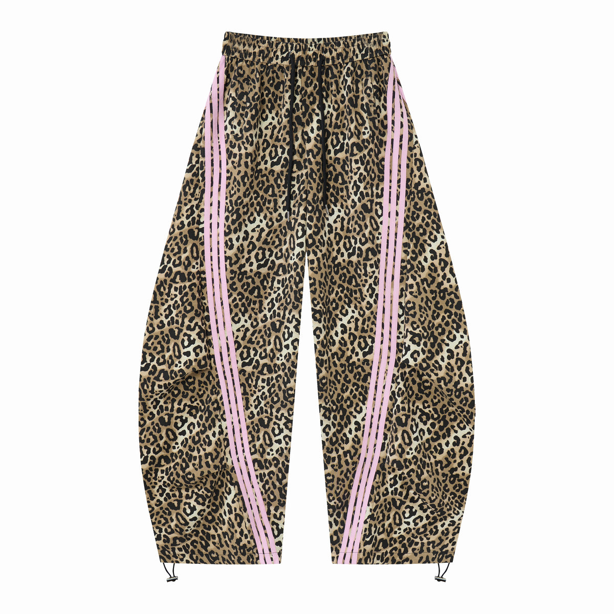 Untamed Club Women’s Leopard Print Track Pants – Baggy Barrel-Leg Streetwear Pants with Triple Side Stripes