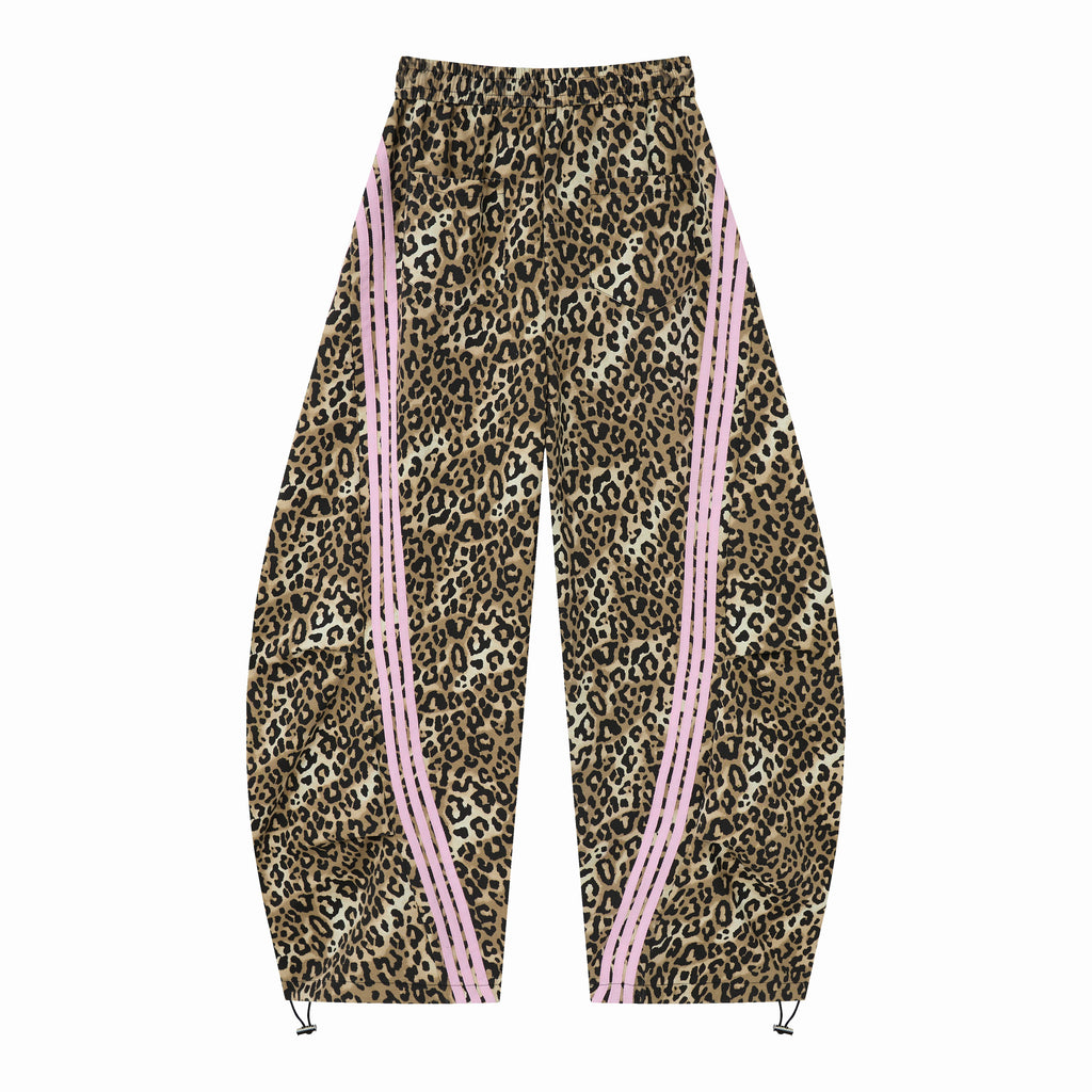 Untamed Club Women’s Leopard Print Track Pants – Baggy Barrel-Leg Streetwear Pants with Triple Side Stripes