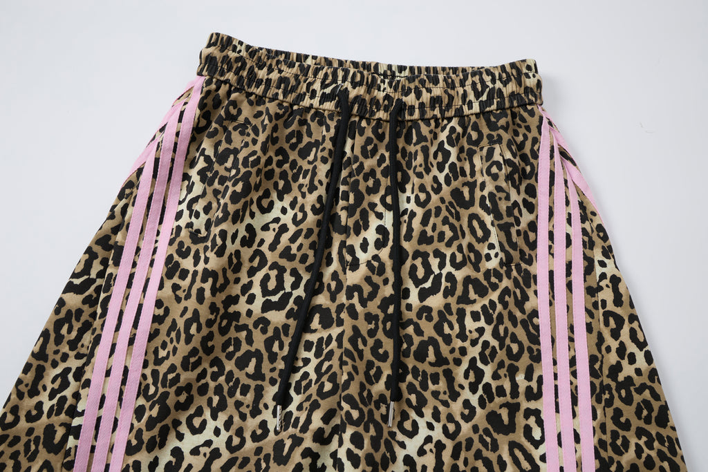 Untamed Club Women’s Leopard Print Track Pants – Baggy Barrel-Leg Streetwear Pants with Triple Side Stripes