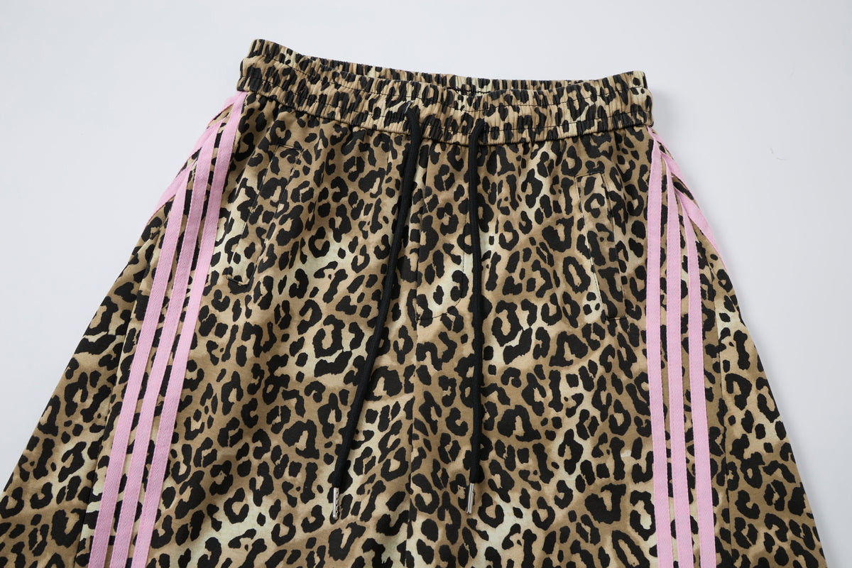 Untamed Club Women’s Leopard Print Track Pants – Baggy Barrel-Leg Streetwear Pants with Triple Side Stripes