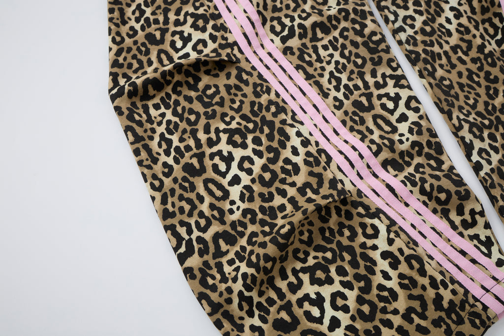 Untamed Club Women’s Leopard Print Track Pants – Baggy Barrel-Leg Streetwear Pants with Triple Side Stripes