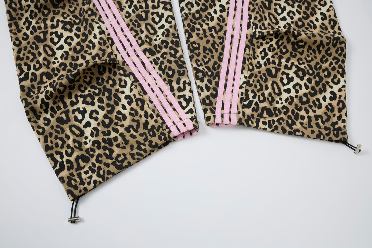 Untamed Club Women’s Leopard Print Track Pants – Baggy Barrel-Leg Streetwear Pants with Triple Side Stripes
