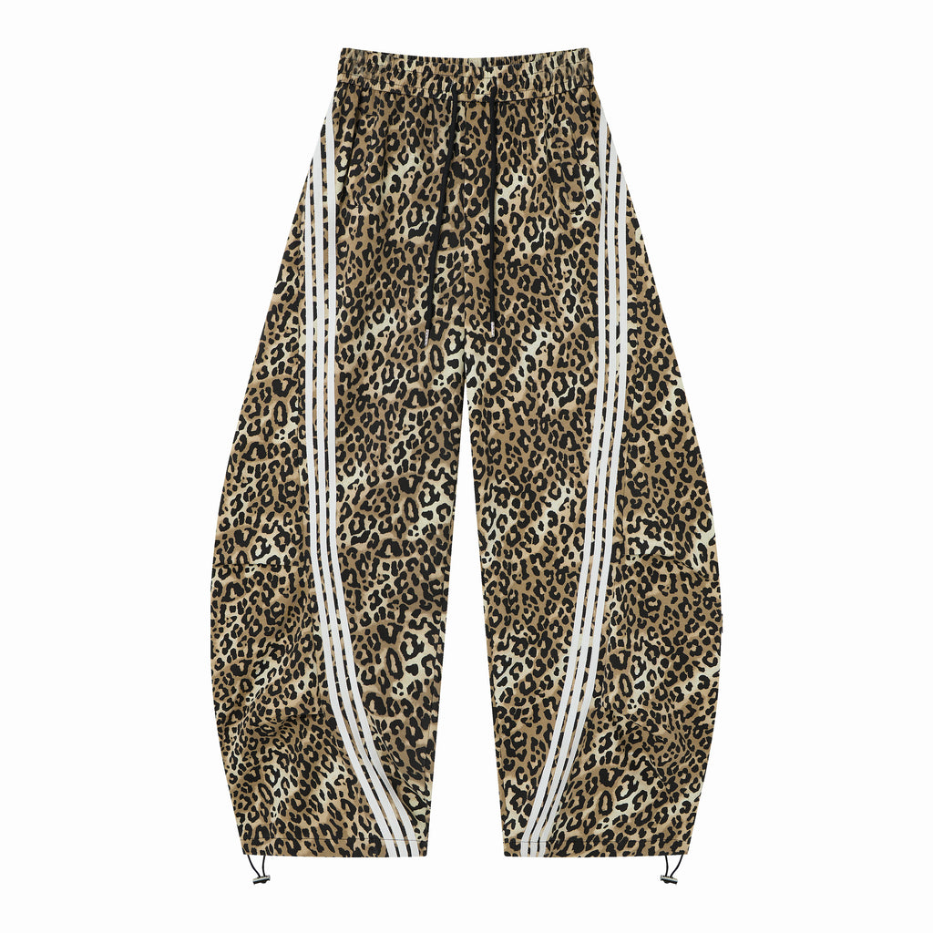 Untamed Club Women’s Leopard Print Track Pants – Baggy Barrel-Leg Streetwear Pants with Triple Side Stripes