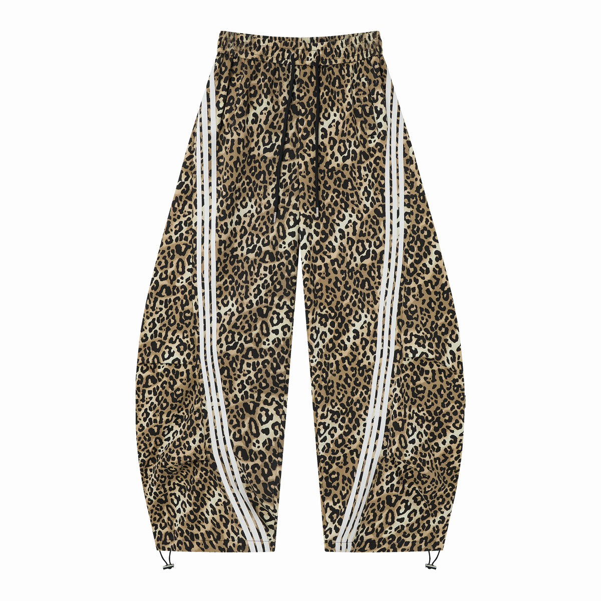 Untamed Club Women’s Leopard Print Track Pants – Baggy Barrel-Leg Streetwear Pants with Triple Side Stripes