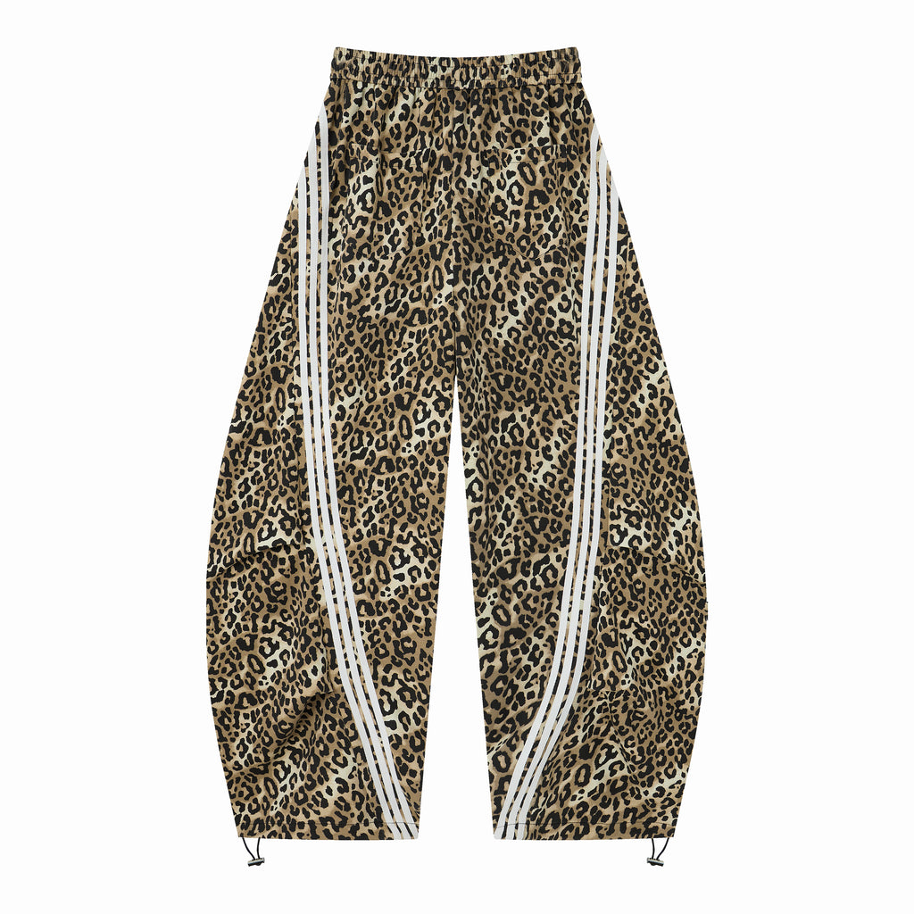 Untamed Club Women’s Leopard Print Track Pants – Baggy Barrel-Leg Streetwear Pants with Triple Side Stripes