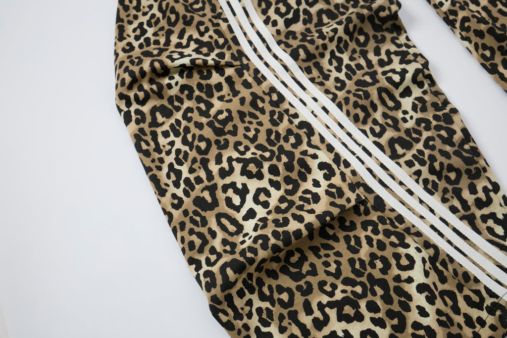 Untamed Club Women’s Leopard Print Track Pants – Baggy Barrel-Leg Streetwear Pants with Triple Side Stripes