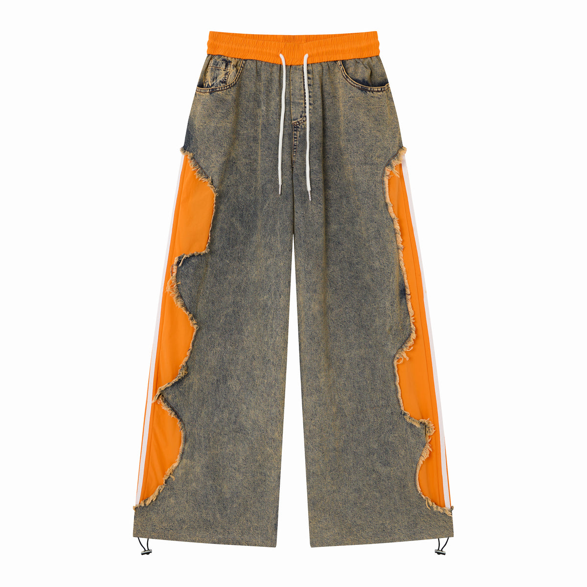Women’s Vintage Washed Denim & Orange Panel Wide-Leg Pants with Raw-Edge Patchwork