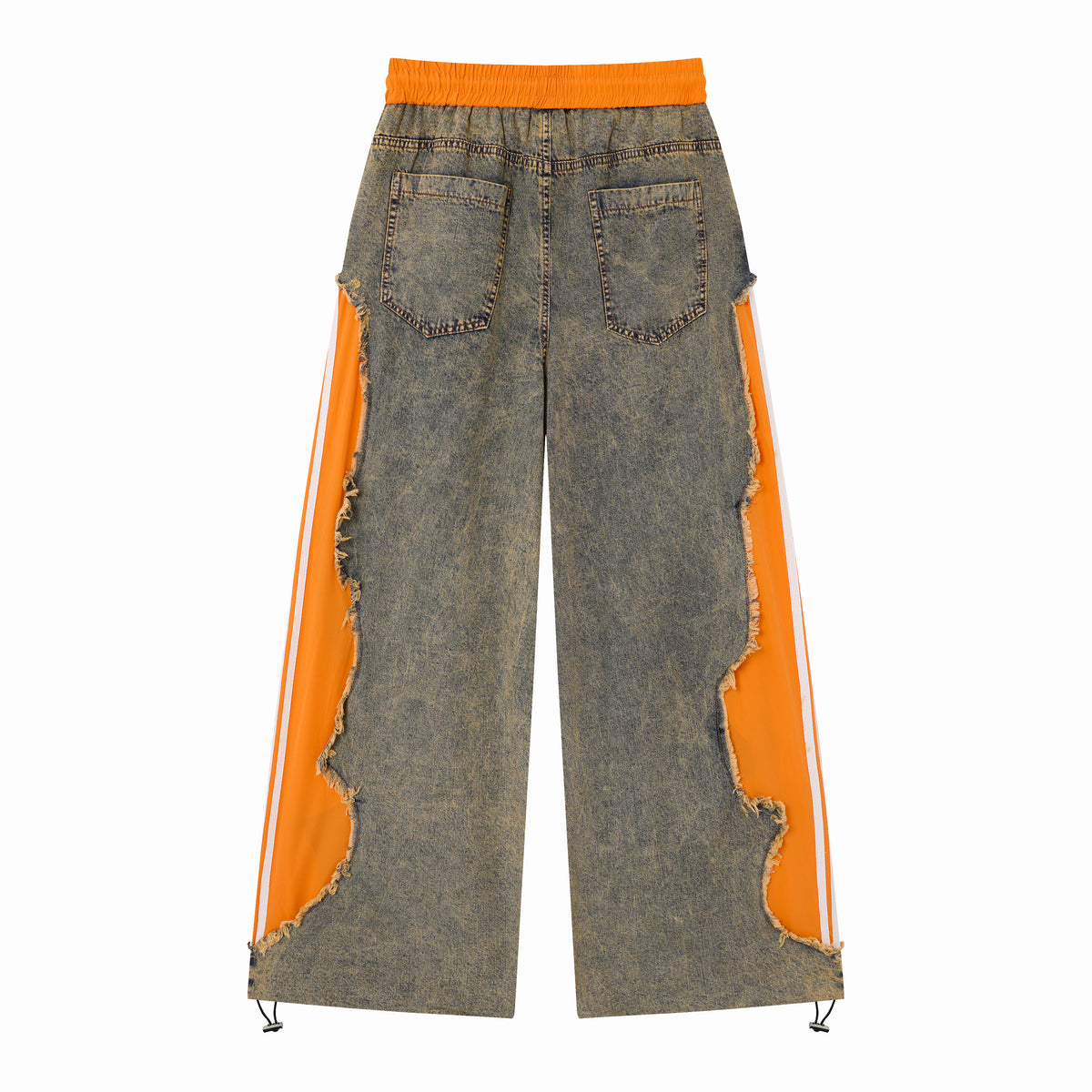 Women’s Vintage Washed Denim & Orange Panel Wide-Leg Pants with Raw-Edge Patchwork