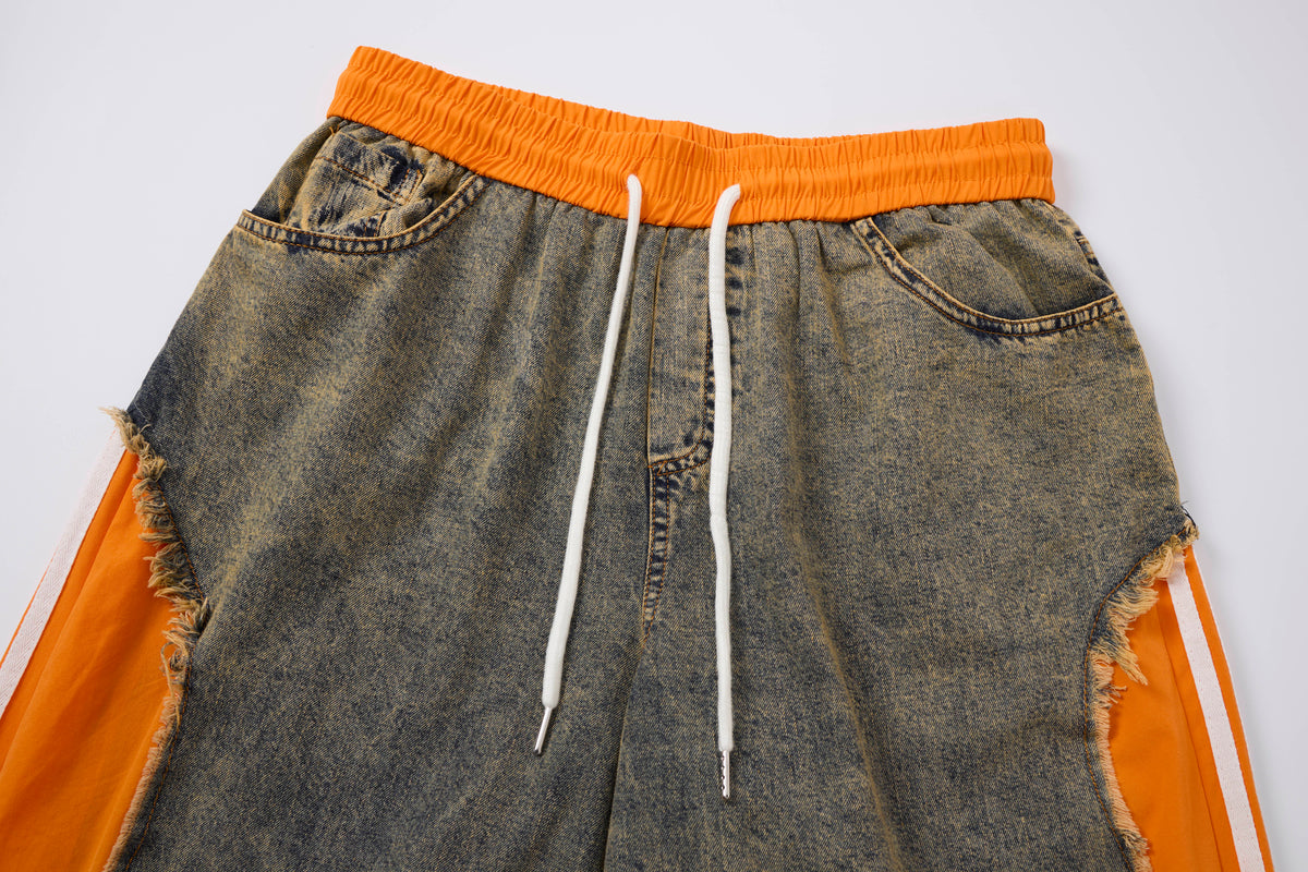 Women’s Vintage Washed Denim & Orange Panel Wide-Leg Pants with Raw-Edge Patchwork