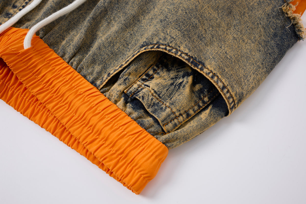 Women’s Vintage Washed Denim & Orange Panel Wide-Leg Pants with Raw-Edge Patchwork