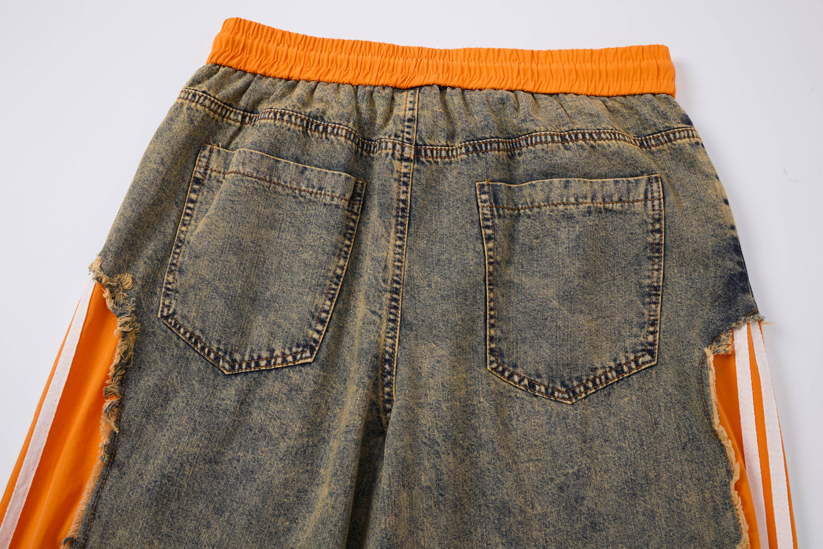 Women’s Vintage Washed Denim & Orange Panel Wide-Leg Pants with Raw-Edge Patchwork