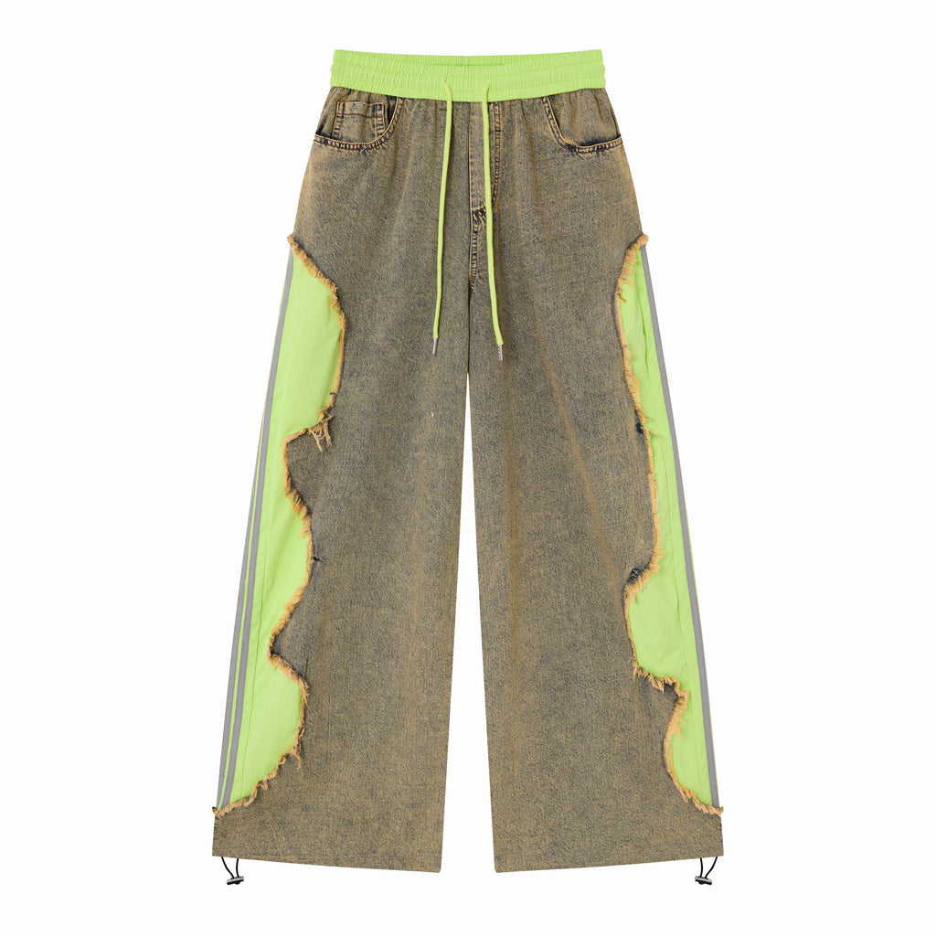 Women’s Vintage Wash Deconstructed Denim Track Pants – Neon Green Contrast Baggy Streetwear Jeans