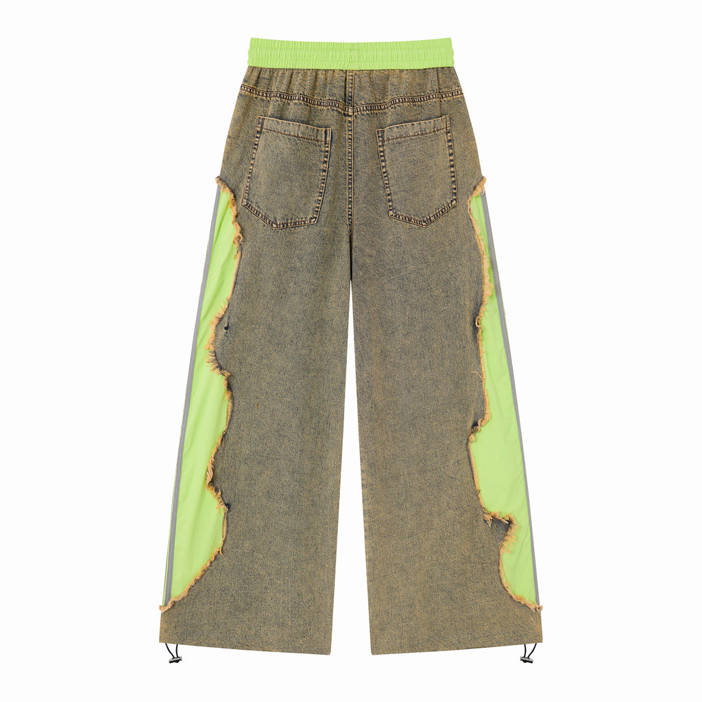 Women’s Vintage Wash Deconstructed Denim Track Pants – Neon Green Contrast Baggy Streetwear Jeans