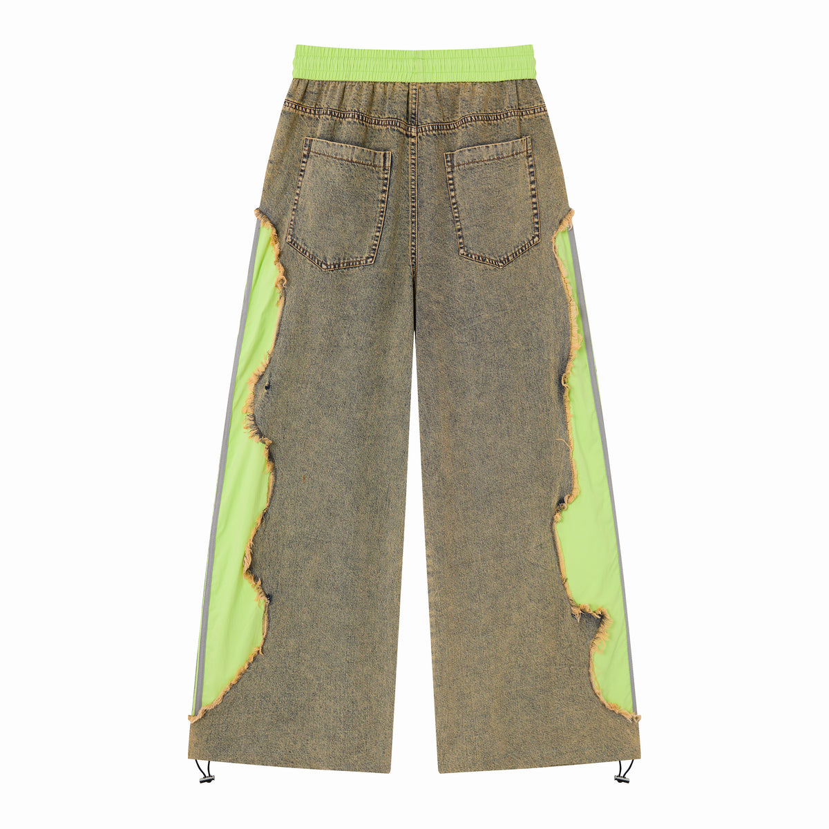Women’s Vintage Wash Deconstructed Denim Track Pants – Neon Green Contrast Baggy Streetwear Jeans