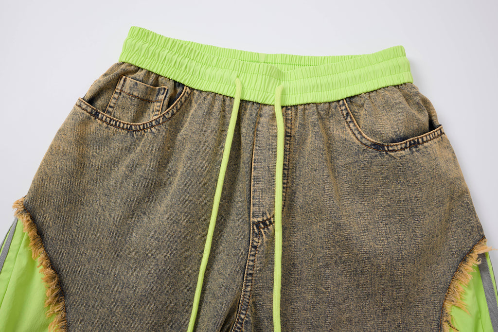 Women’s Vintage Wash Deconstructed Denim Track Pants – Neon Green Contrast Baggy Streetwear Jeans
