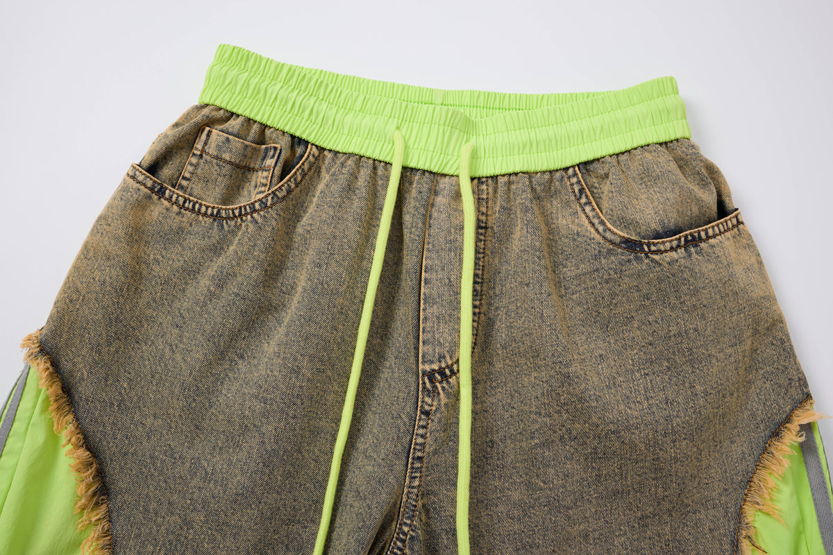 Women’s Vintage Wash Deconstructed Denim Track Pants – Neon Green Contrast Baggy Streetwear Jeans