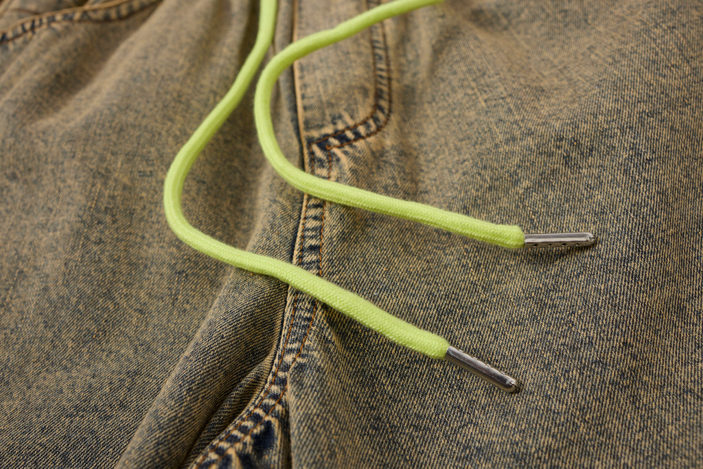 Women’s Vintage Wash Deconstructed Denim Track Pants – Neon Green Contrast Baggy Streetwear Jeans