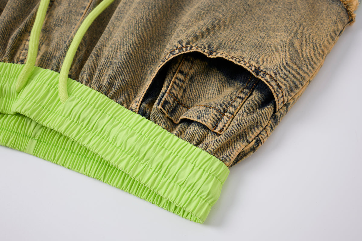 Women’s Vintage Wash Deconstructed Denim Track Pants – Neon Green Contrast Baggy Streetwear Jeans