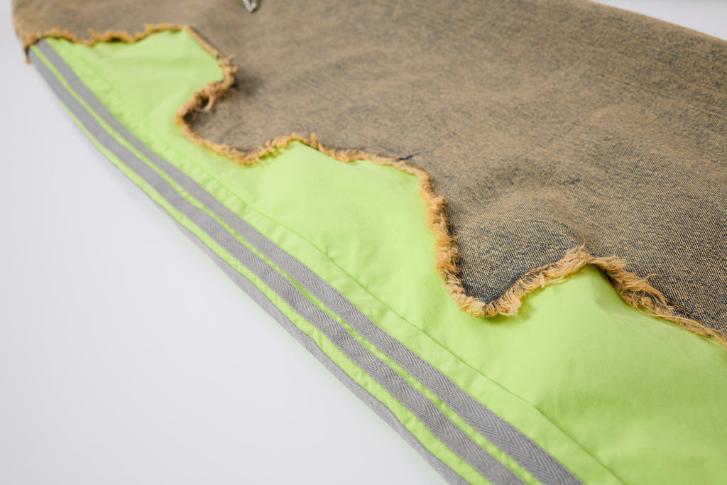 Women’s Vintage Wash Deconstructed Denim Track Pants – Neon Green Contrast Baggy Streetwear Jeans