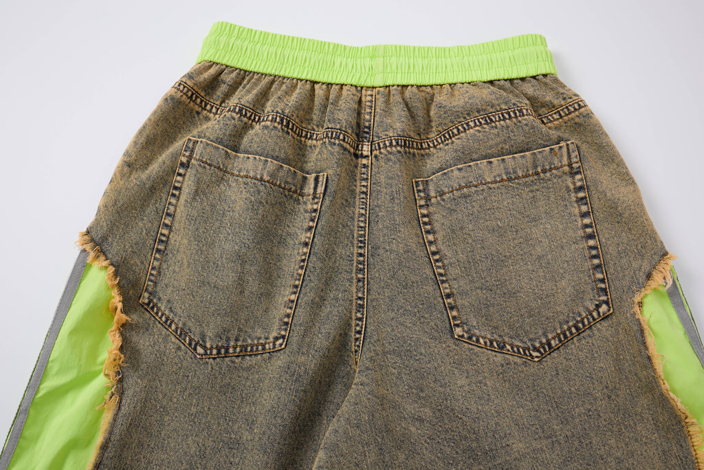 Women’s Vintage Wash Deconstructed Denim Track Pants – Neon Green Contrast Baggy Streetwear Jeans