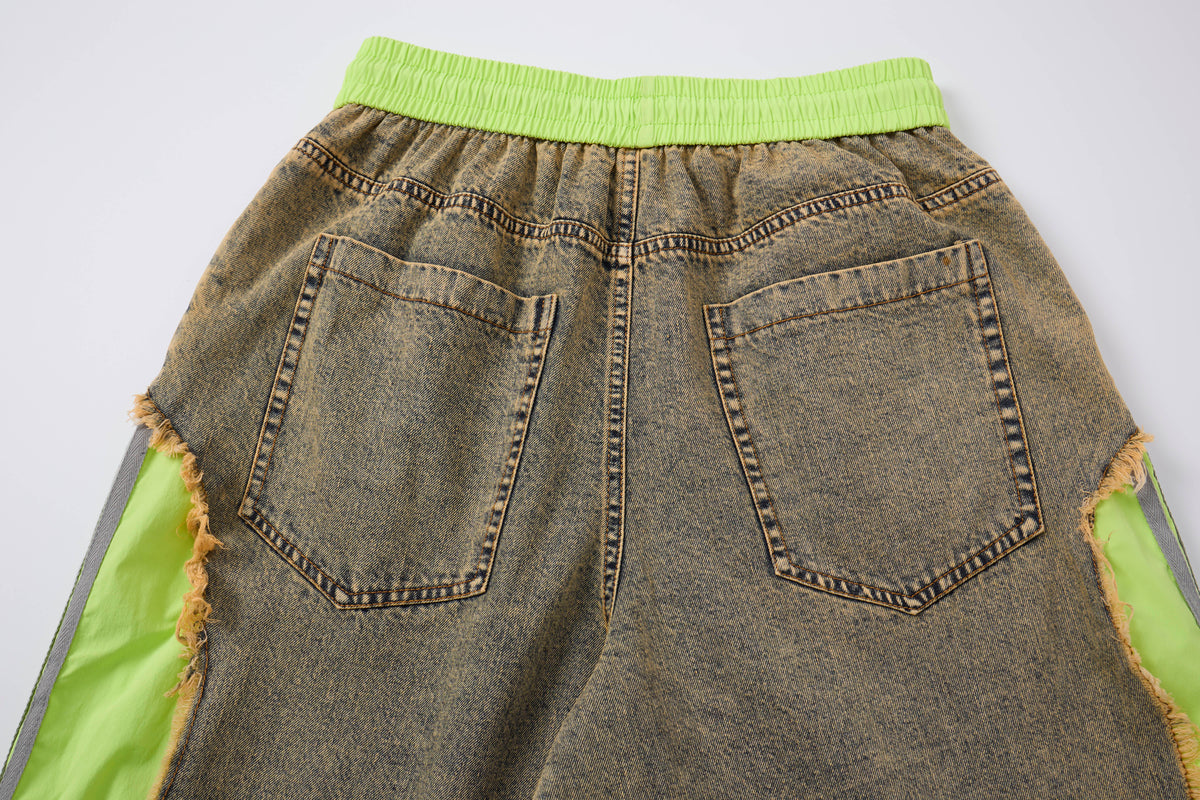 Women’s Vintage Wash Deconstructed Denim Track Pants – Neon Green Contrast Baggy Streetwear Jeans