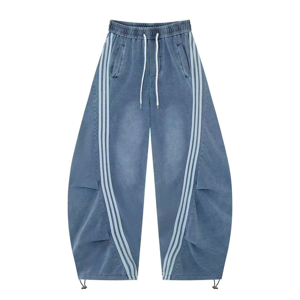 Women’s Vintage Washed Blue Triple-Stripe Baggy Wide-Leg Track Pants with Drawstring Waist and Pockets