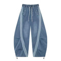 Women’s Vintage Washed Blue Triple-Stripe Baggy Wide-Leg Track Pants with Drawstring Waist and Pockets