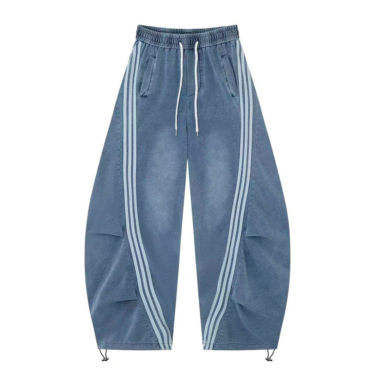 Women’s Vintage Washed Blue Triple-Stripe Baggy Wide-Leg Track Pants with Drawstring Waist and Pockets