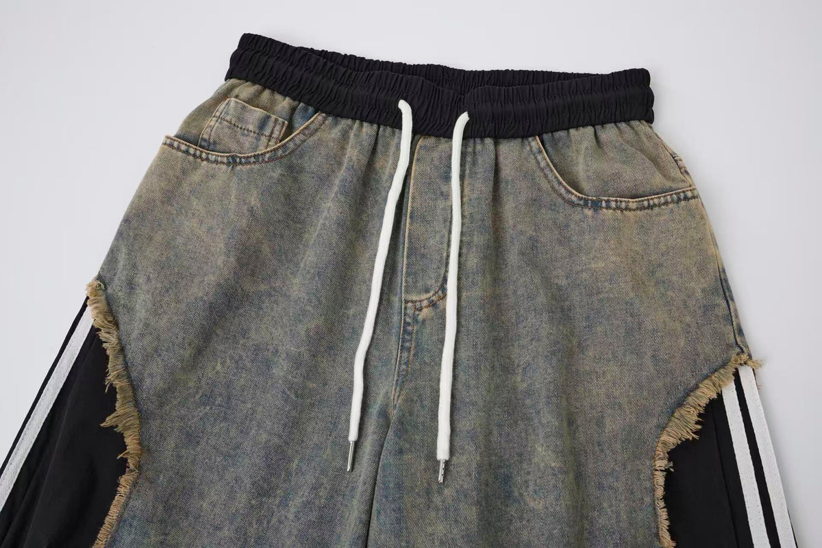 Women’s Vintage Wash Deconstructed Denim Track Pants – Black Contrast Baggy Wide-Leg Jeans (Copy)