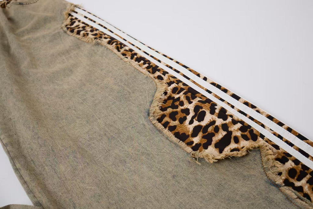 Women’s Leopard Panel Vintage-Wash Denim Track Pants – Deconstructed Baggy Straight-Leg Jeans