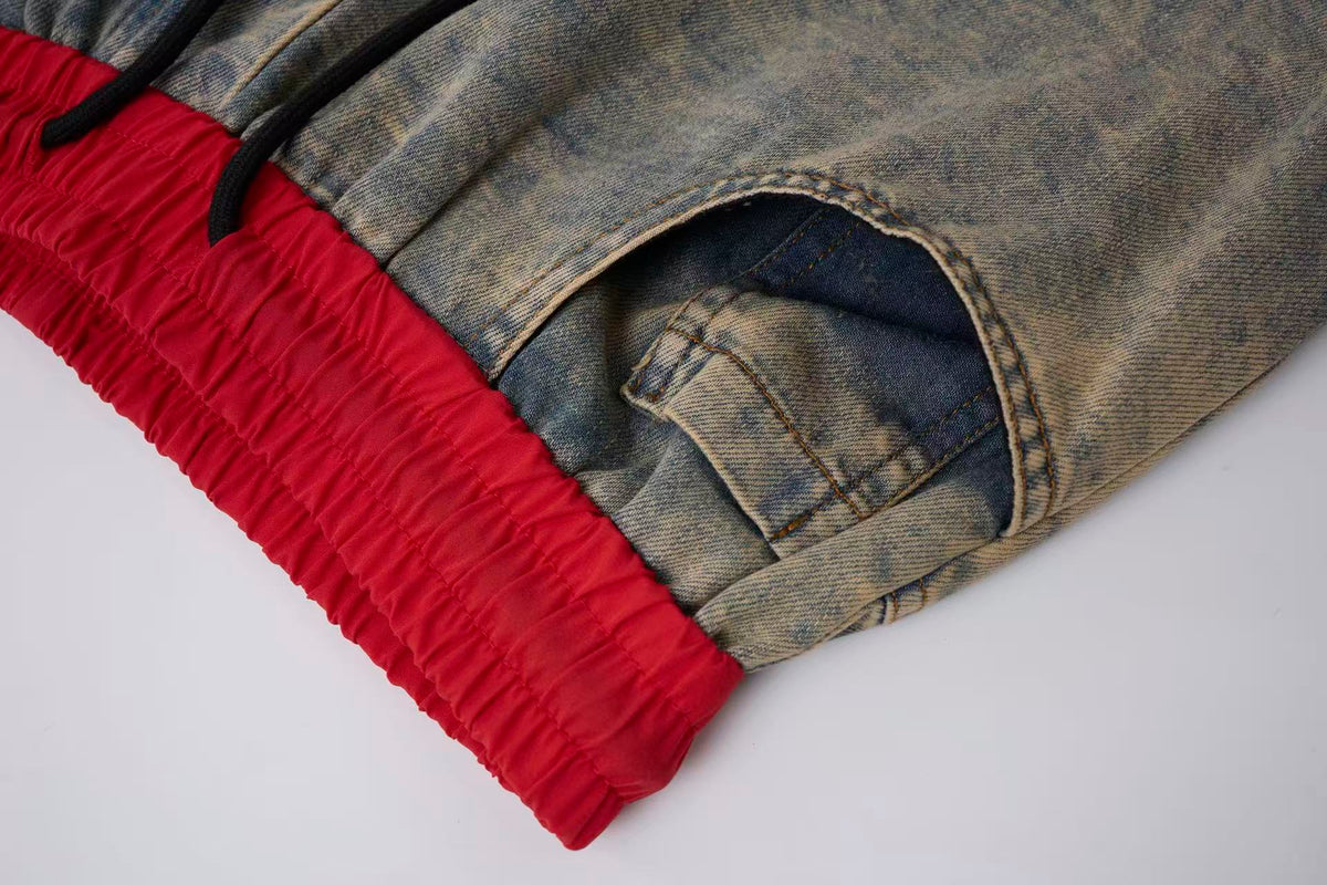 Women’s Vintage Wash Red Contrast Distressed Baggy Wide-Leg Jeans
