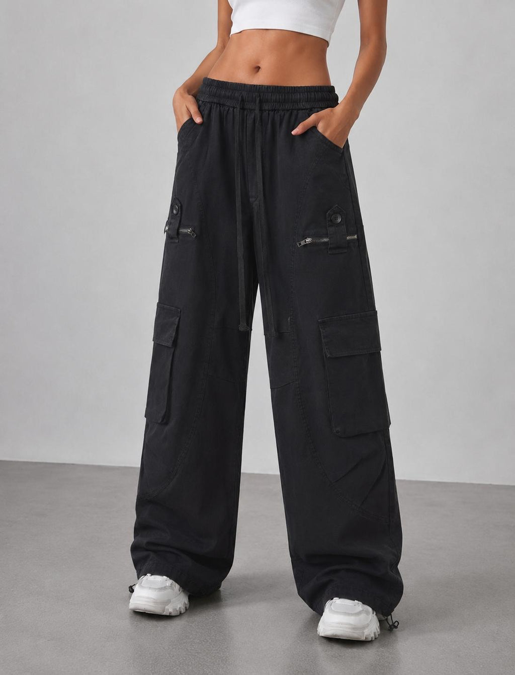 Urban Nomad Women’s Black Utility Cargo Pants – Relaxed Baggy Wide-Leg Pants with Multi-Pocket Design