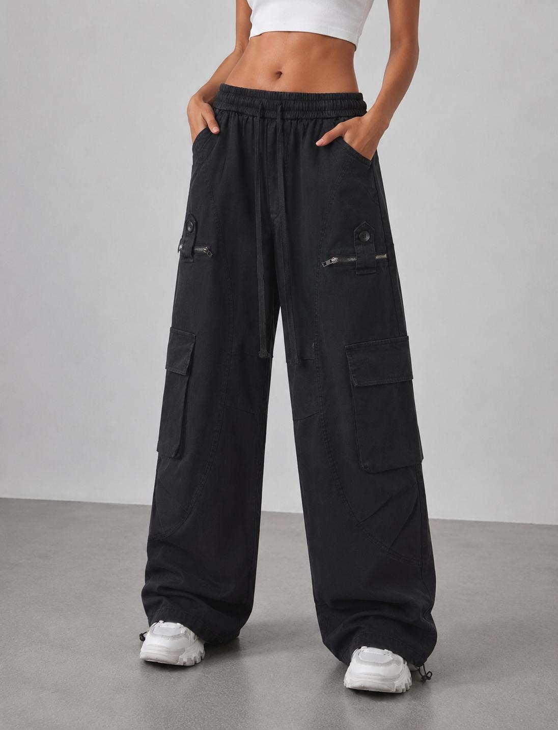 Urban Nomad Women’s Black Utility Cargo Pants – Relaxed Baggy Wide-Leg Pants with Multi-Pocket Design