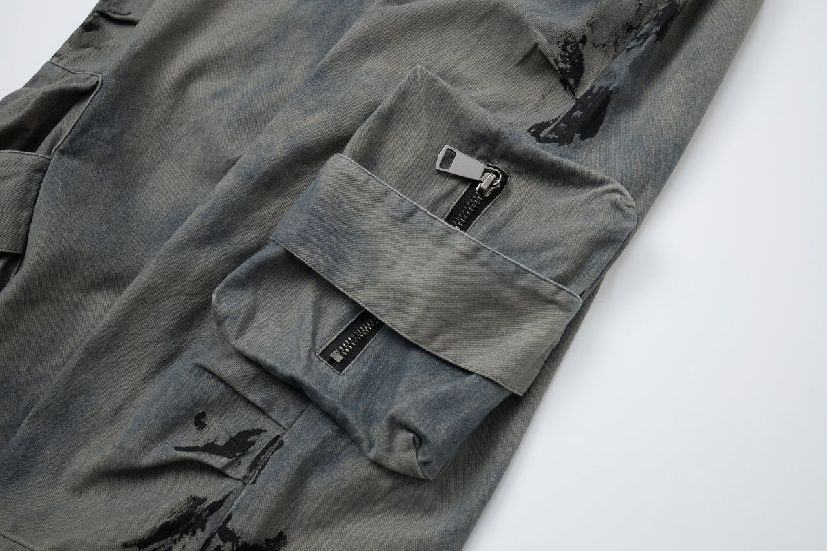 Women’s Concrete Canvas Graffiti Cargo Jeans – Washed Gray Baggy Wide-Leg Utility Denim Pants